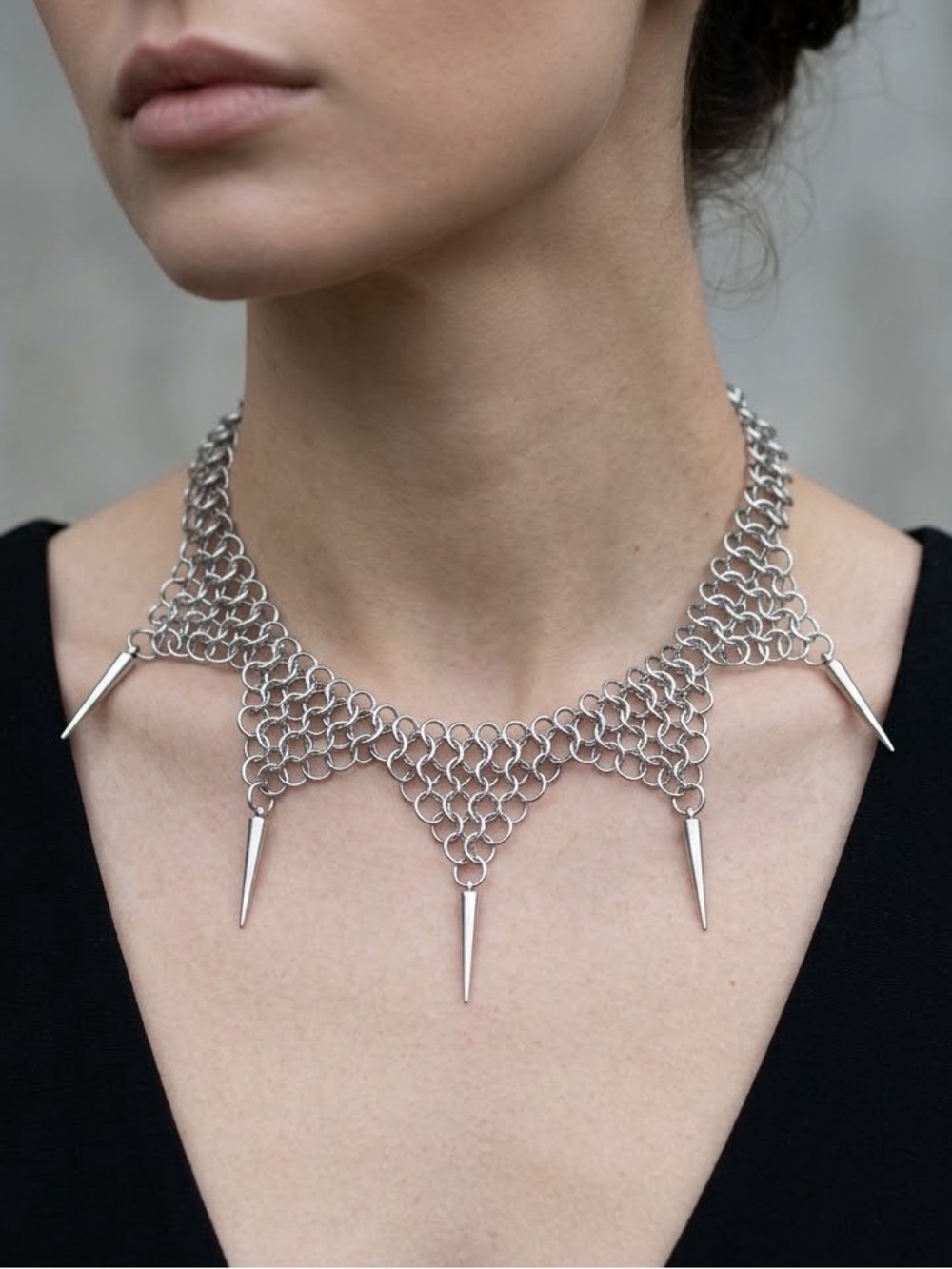 Silver Rockstar Chainmail Spike Collar Necklace